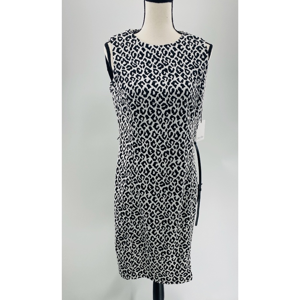 Calvin Klein NWT  B/W Leopard Print Belted Fitted Dress